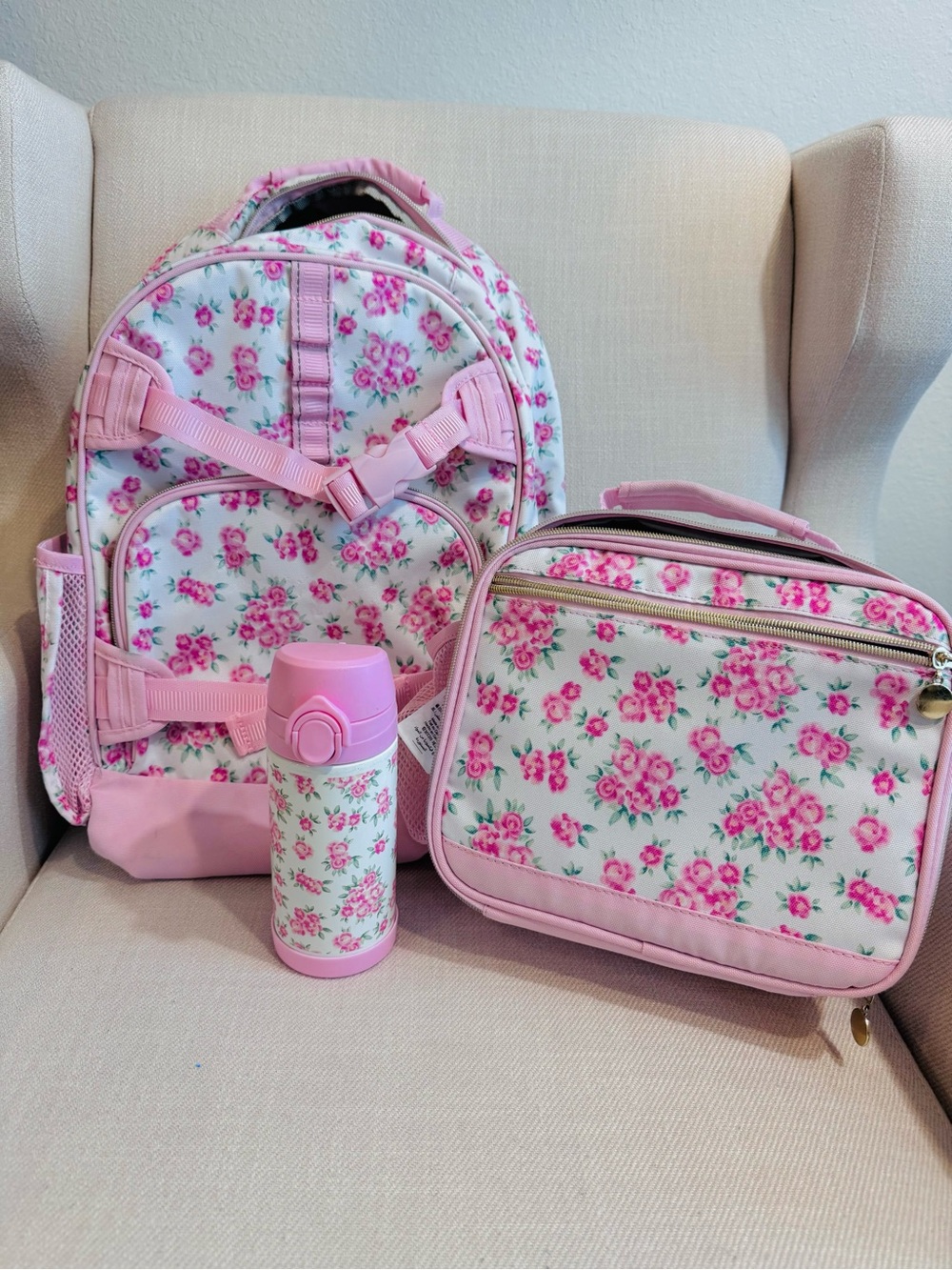 Pottery Barn Kids Pink Floral Backpack, Lunchbox & Bottle Set